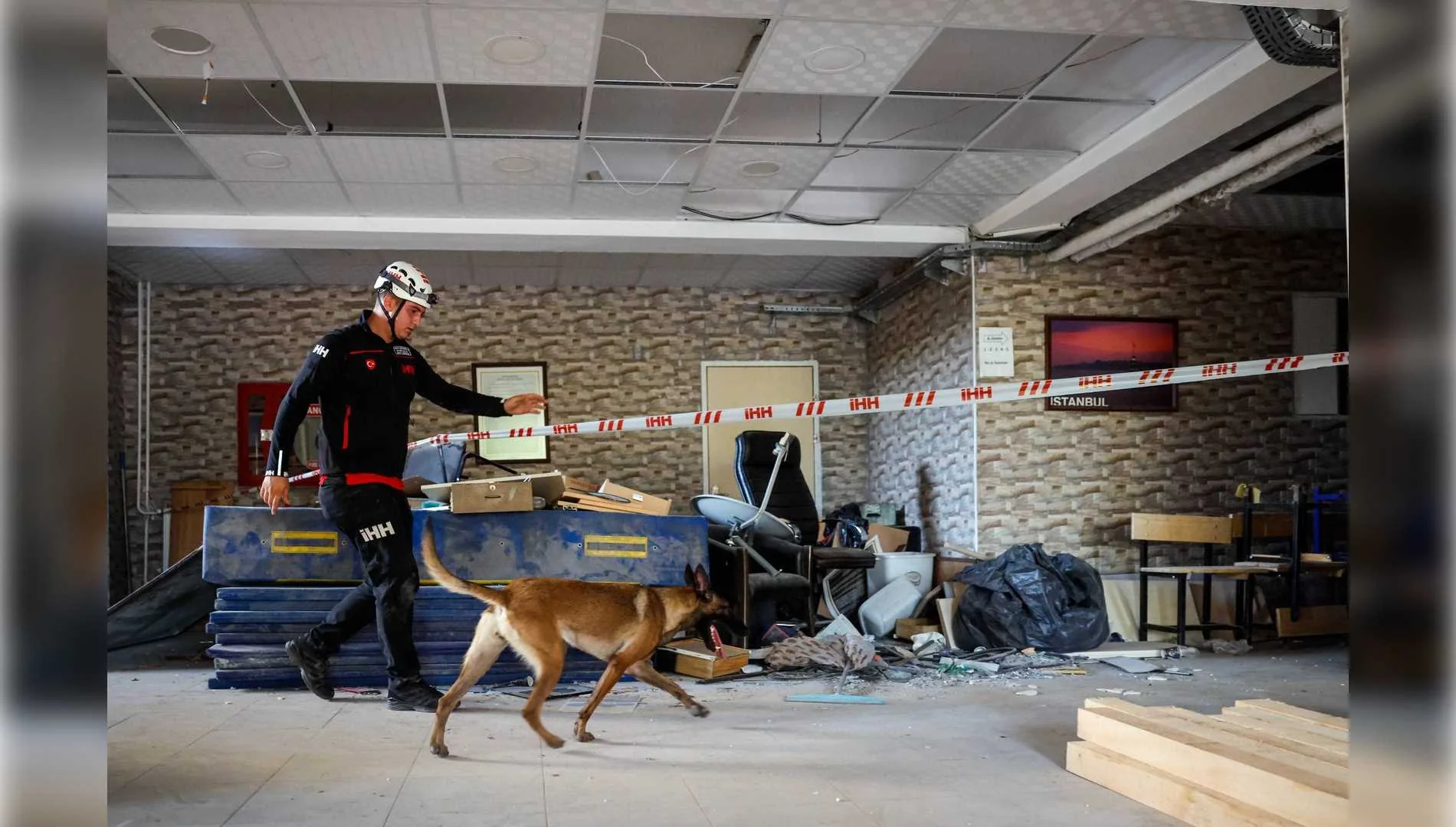 Arama kurtarma köpeği ve eğitmeni tatbikat alanında